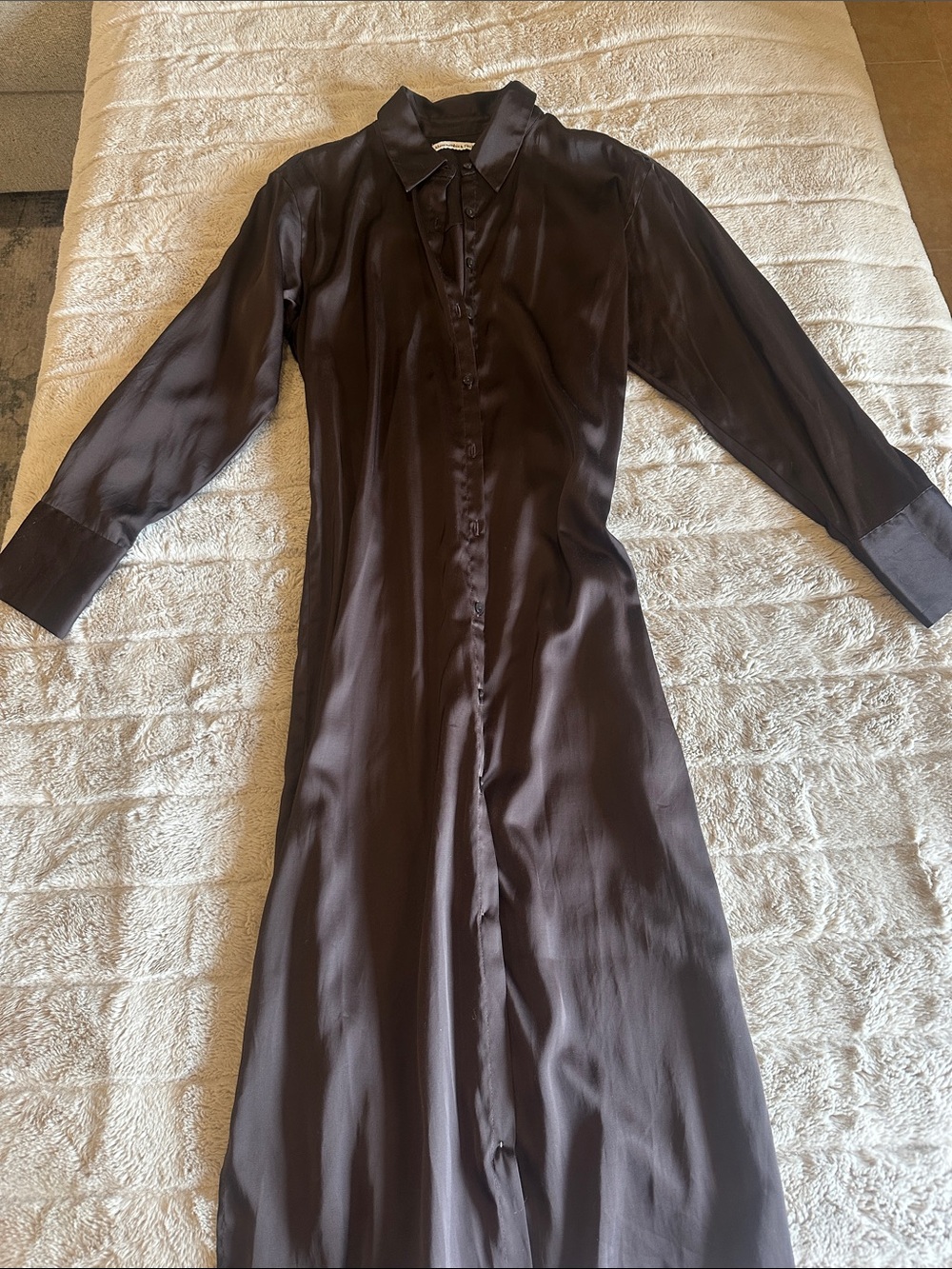 Abercrombie & Fitch Long Satin Button-Front Dress in Dark Brown